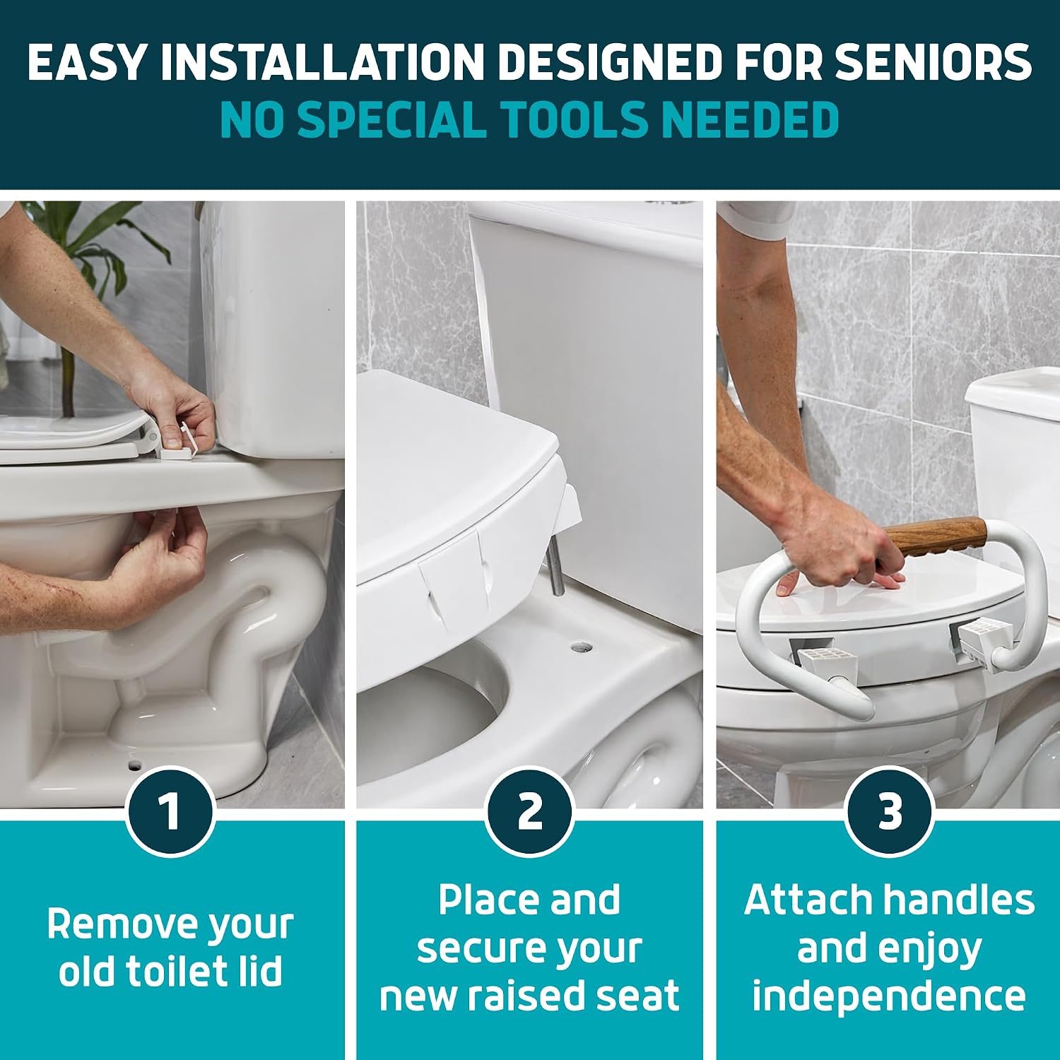 Lunderg Solva Raised Toilet Seat with Handles Round 3" Toilet Seat Riser Soft Close White
