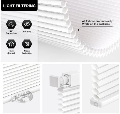 LazBlinds White No Drill Cordless Cellular Honeycomb Light Filtering Shades