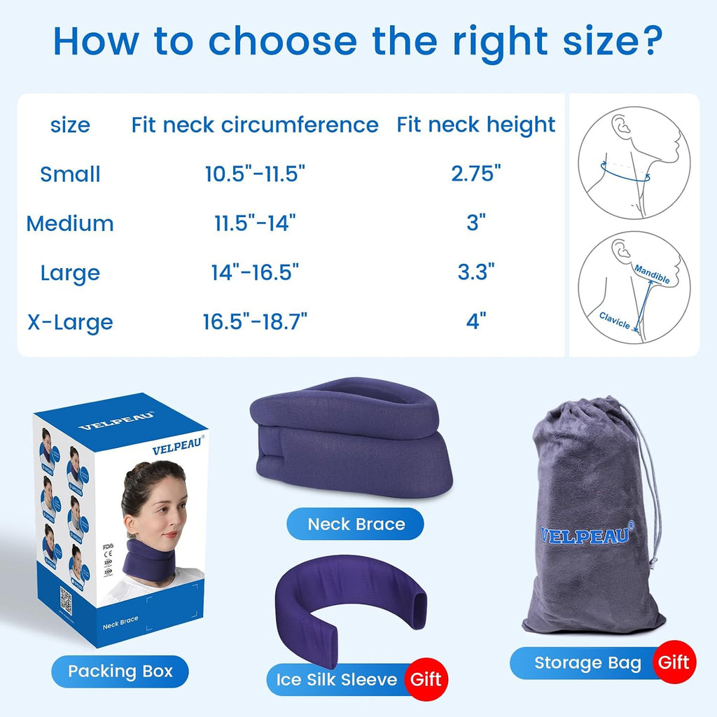 VELPEAU Soft Cervical Neck Brace for Neck Pain Relief & Support – Comfort Version, Blue, Medium
