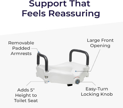 Drive Medical 2-in-1 Locking Raised Toilet Seat with Removable Arms – 5" Height