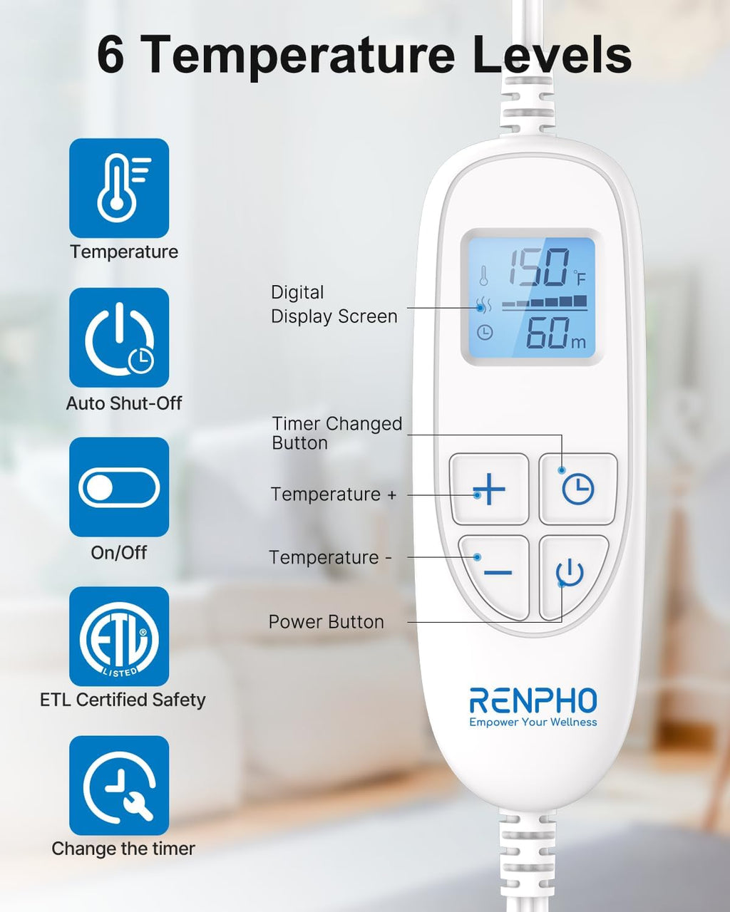 RENPHO Weighted Electric Heating Pad for Neck Shoulders & Back 24"x33" Blue