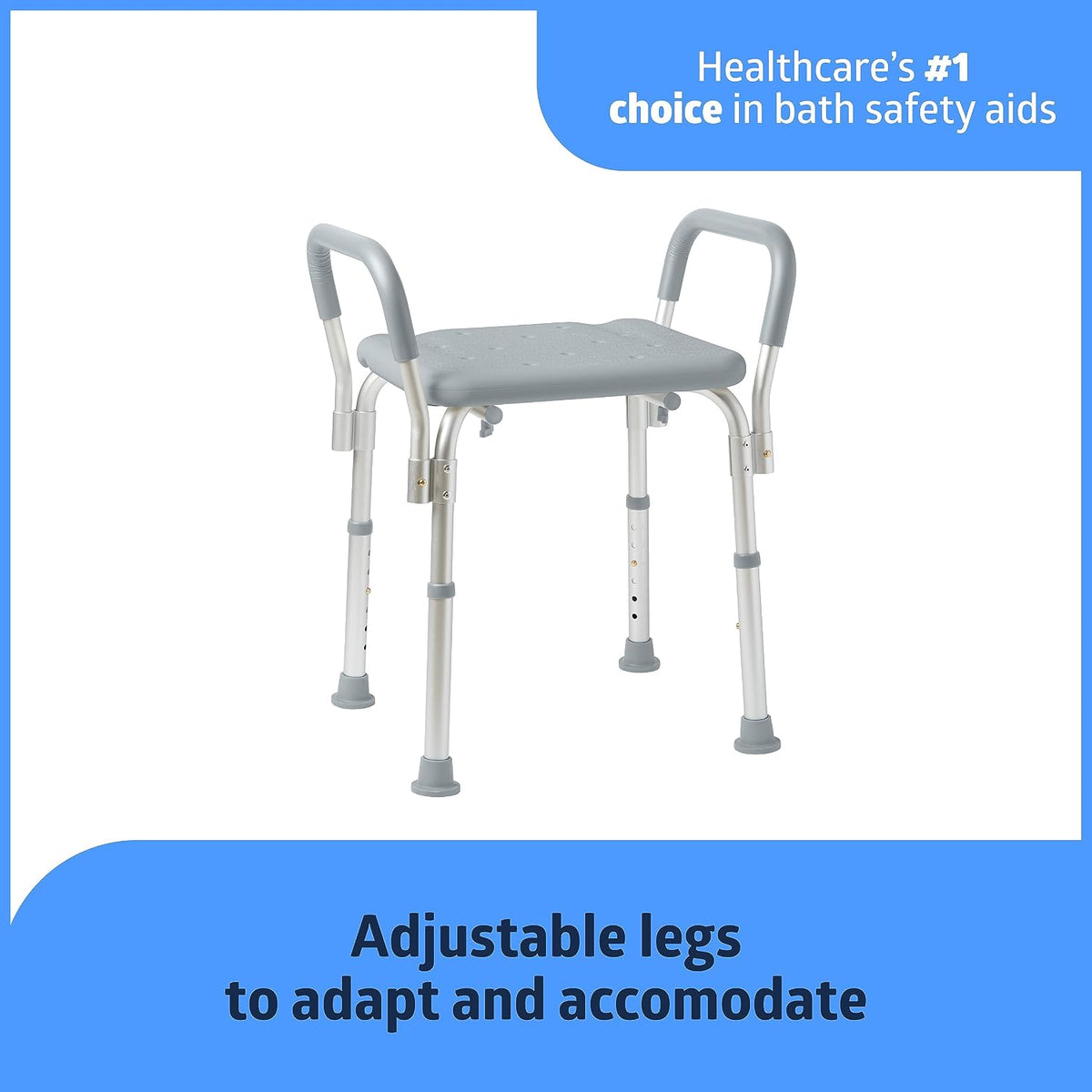 Medline Backless Shower Chair with Arms, Adjustable Height, 350 lb Capacity, Gray