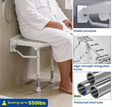 Caredear Wall Mounted Folding Shower Seat w/ Grab Bar 550lb Adjustable White