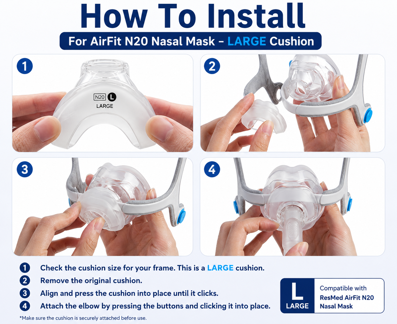 Replacement Cushion Compatible with ResMed AirFit N20 Nasal CPAP Mask | Large | Silicone | 3 Pack