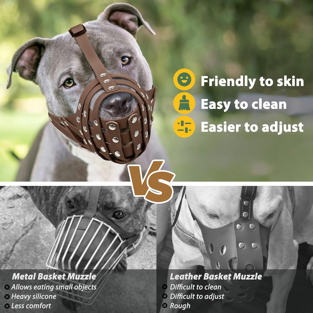 Mayerzon Pitbull Dog Muzzle Large Brown PVC Basket Muzzle Adjustable Anti-Bite