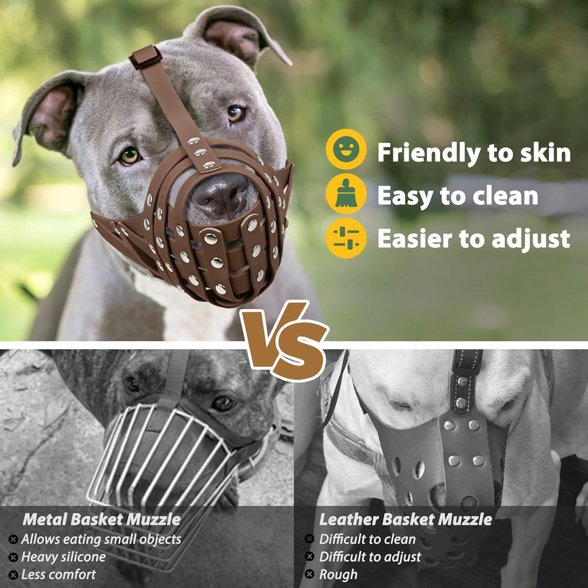 Mayerzon Pitbull Dog Muzzle Large Brown PVC Basket Muzzle Adjustable Anti-Bite