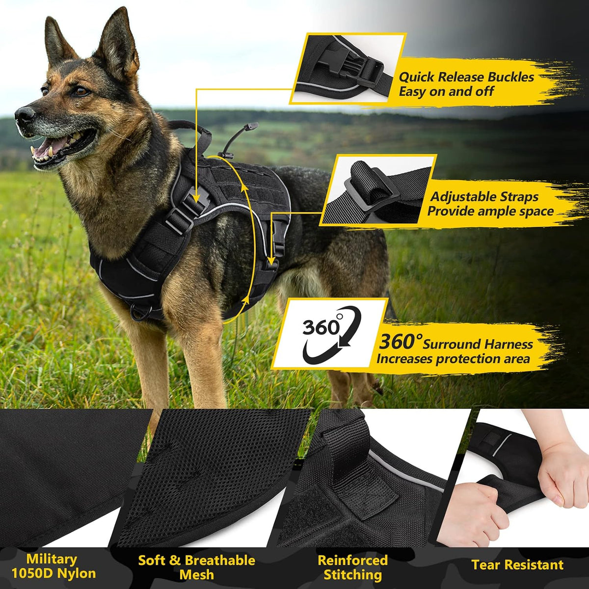 WINGOIN Tactical Dog Harness XXL Black No Pull Military K9 Vest Large Dogs