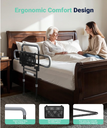 Barleyear Foldable Bed Rail Elderly 350 lb Adjustable LED Light Black