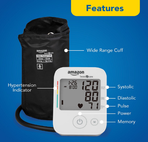 Amazon Basic Care Blood Pressure Monitor Large Cuff 8.6-16.5" 2 User Memory