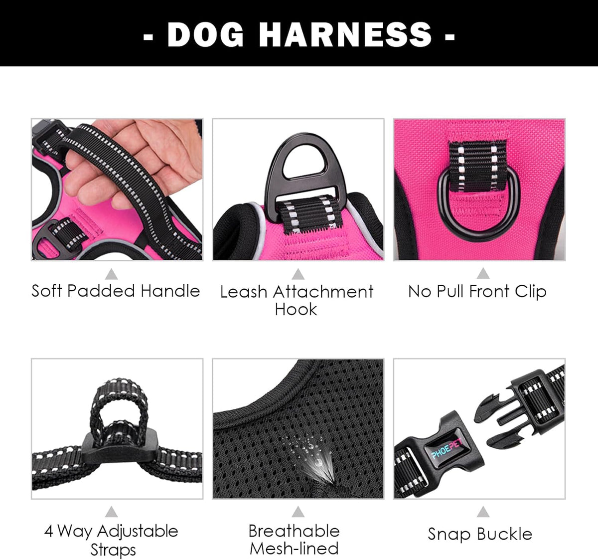 PHOEPET No Pull Dog Harness Pink Reflective Adjustable Small Medium Large XL
