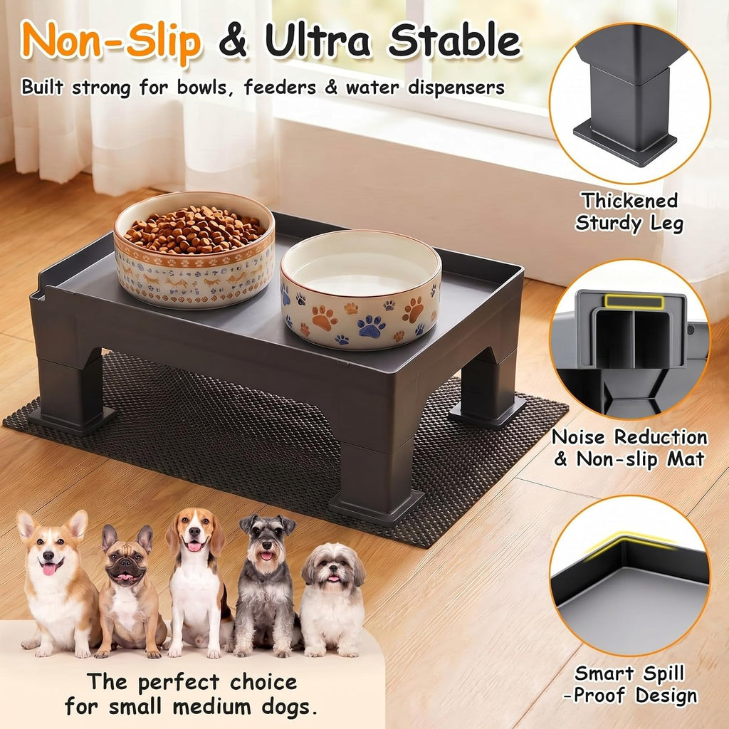 Dreyoo Adjustable Elevated Dog Bowl Stand Gray Waterproof Food Mat 2 Heights