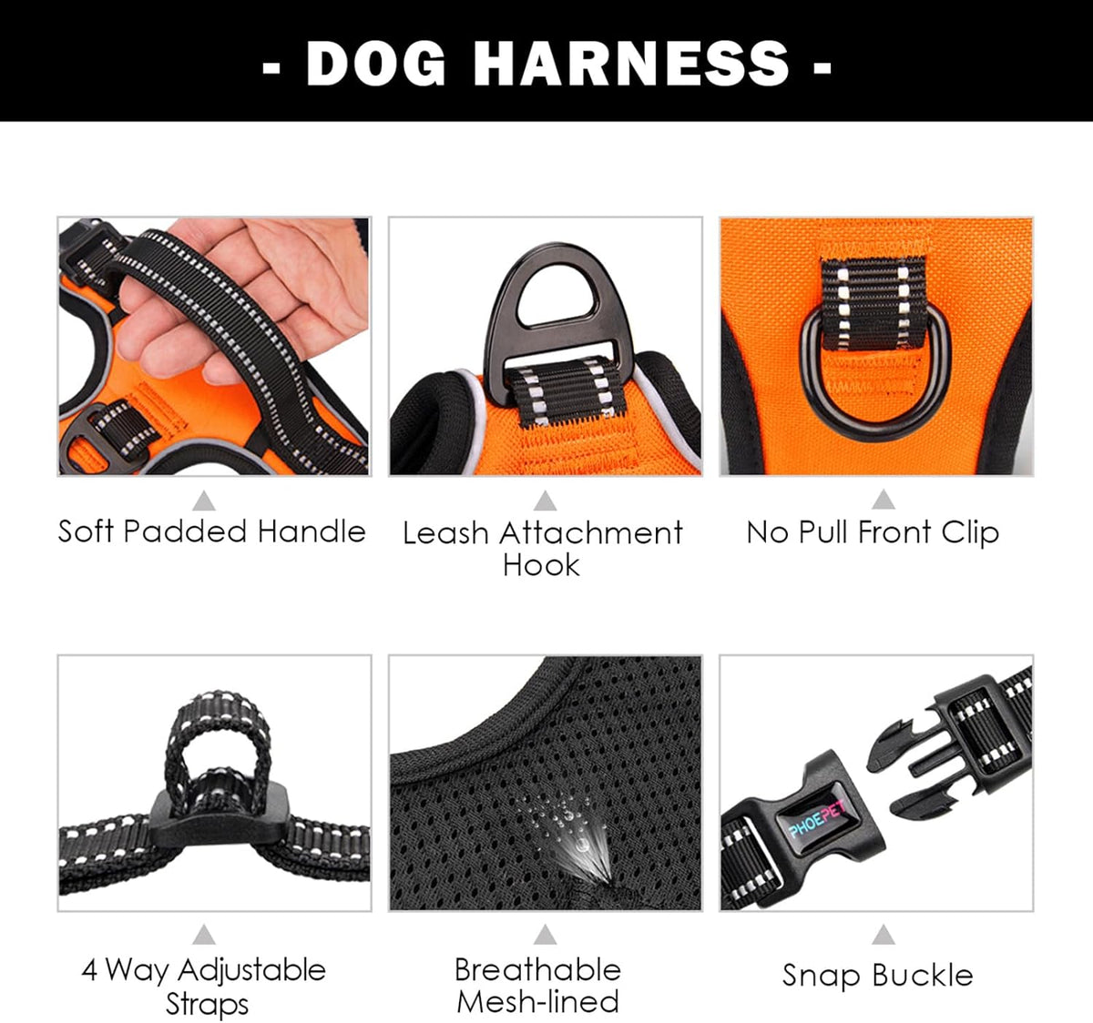 PHOEPET No Pull Dog Harness Orange Reflective Adjustable Comfortable S – M – L - XL