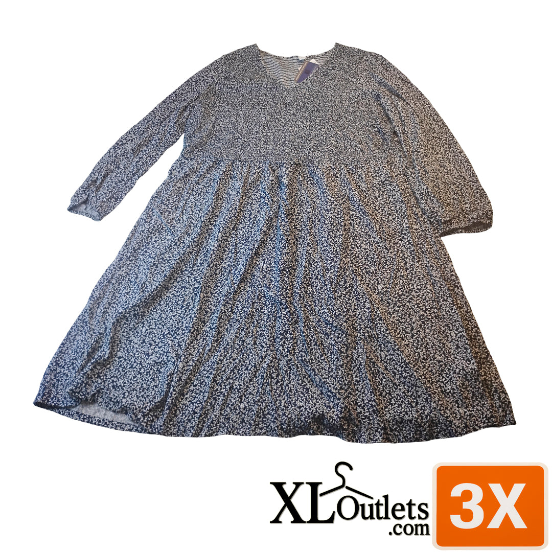 Traje Vestido Old Navy Plus Size, manga larga, diseño estampado en azul y blanco. Tela liviana y cómoda, ideal para uso diario. Corte suelto que brinda comodidad y estilo. | Size 3X