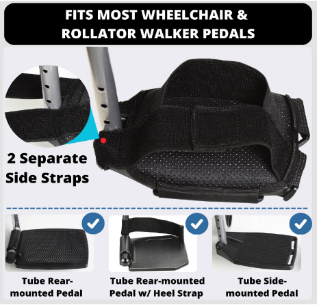 Caredgitz Wheelchair Footrest Straps Non-Slip Foot Pedal Cushion Pads Black