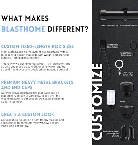BLASTHOME 16 ft Luxury Fixed Curtain Rod 1-1/4" Heavy Duty Black Wall Mount