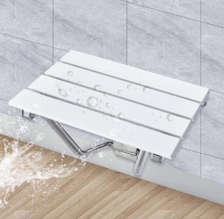LingEverFT Wall Mounted Folding Shower Seat Bench 350lb White Plastic Wood