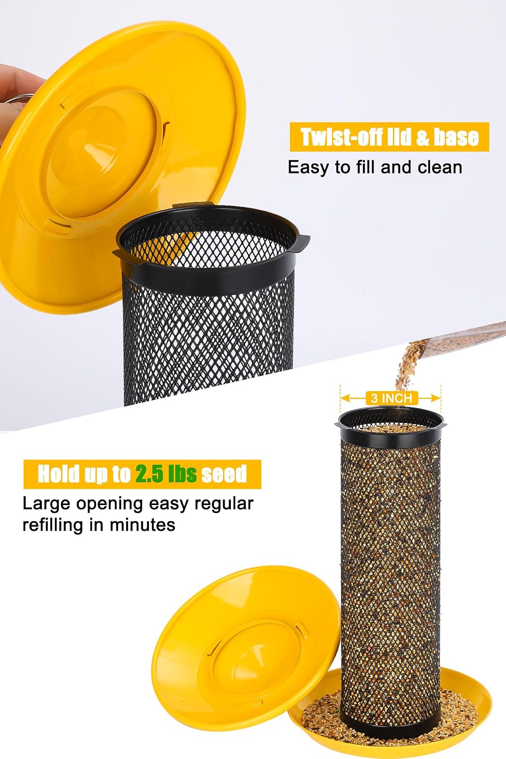 Kingsyard Finch Feeders For Outdoors Hanging, Metal Mesh Tube Bird Feeder For Nyjer/Thistle Seed, 2.5 Lbs Large Capacity (Yellow)