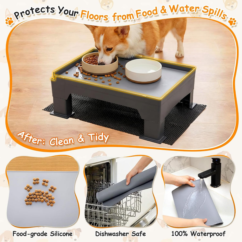 Dreyoo Adjustable Elevated Dog Bowl Stand Gray Waterproof Food Mat 2 Heights