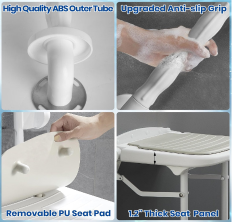 Caredear Wall Mounted Folding Shower Seat w/ Grab Bar 550lb Adjustable White