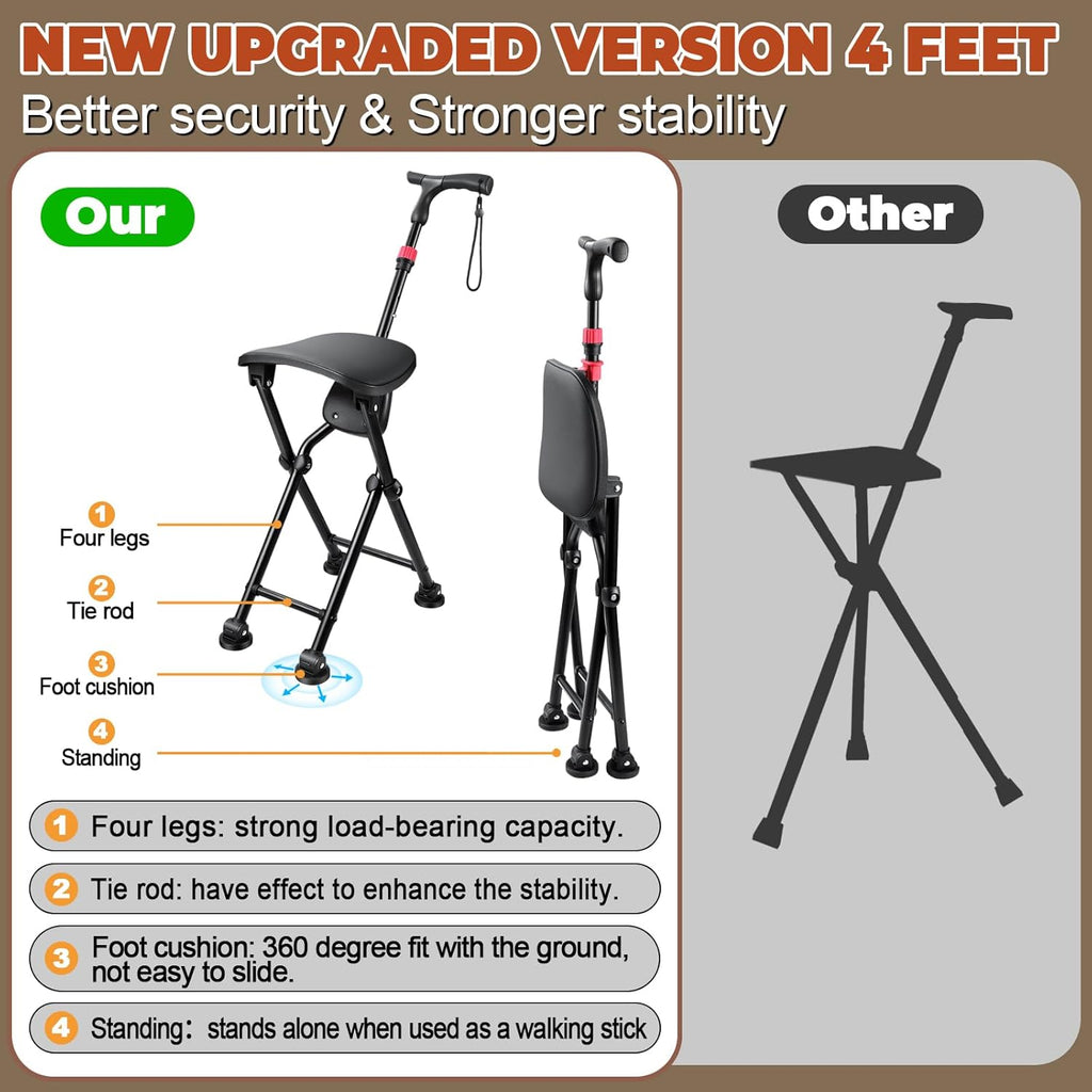 HZZEDNG Folding Cane with Seat 4-Leg Walking Stick Chair Adjustable 400lb Black M