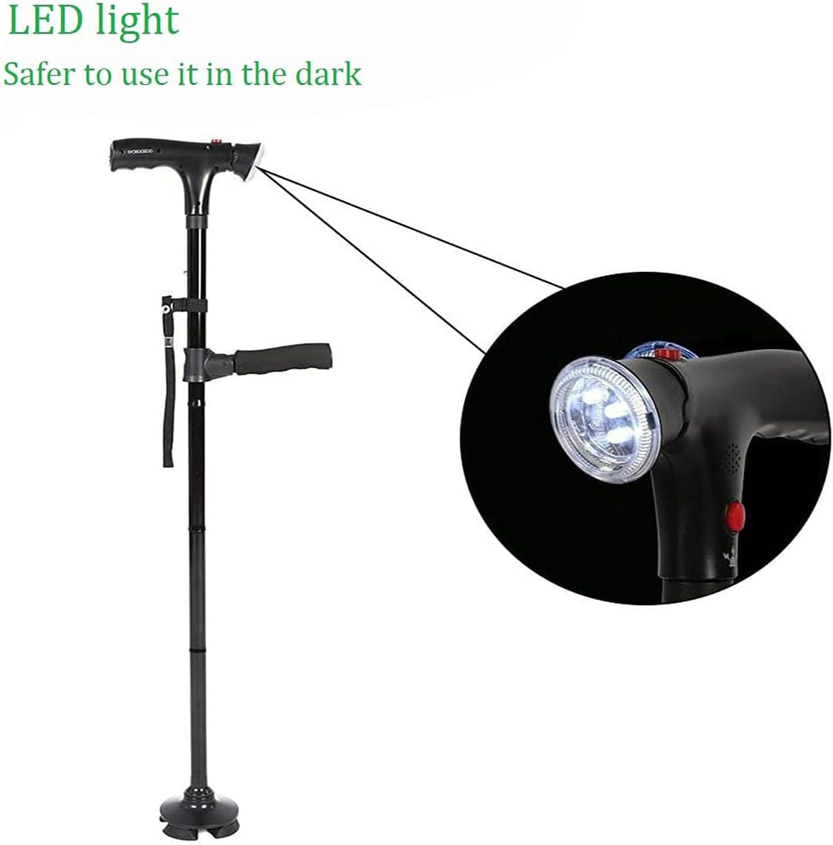 TIRAROME 3-in-1 Folding Walking Cane with SOS Alarm, LED Light & Second Handle, Adjustable 34–38 in – Black
