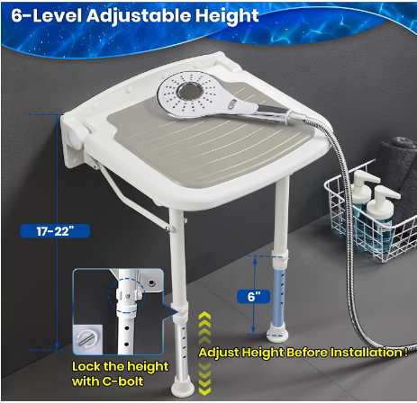 Caredear Wall Mounted Folding Shower Seat w/ Grab Bar 550lb Adjustable White