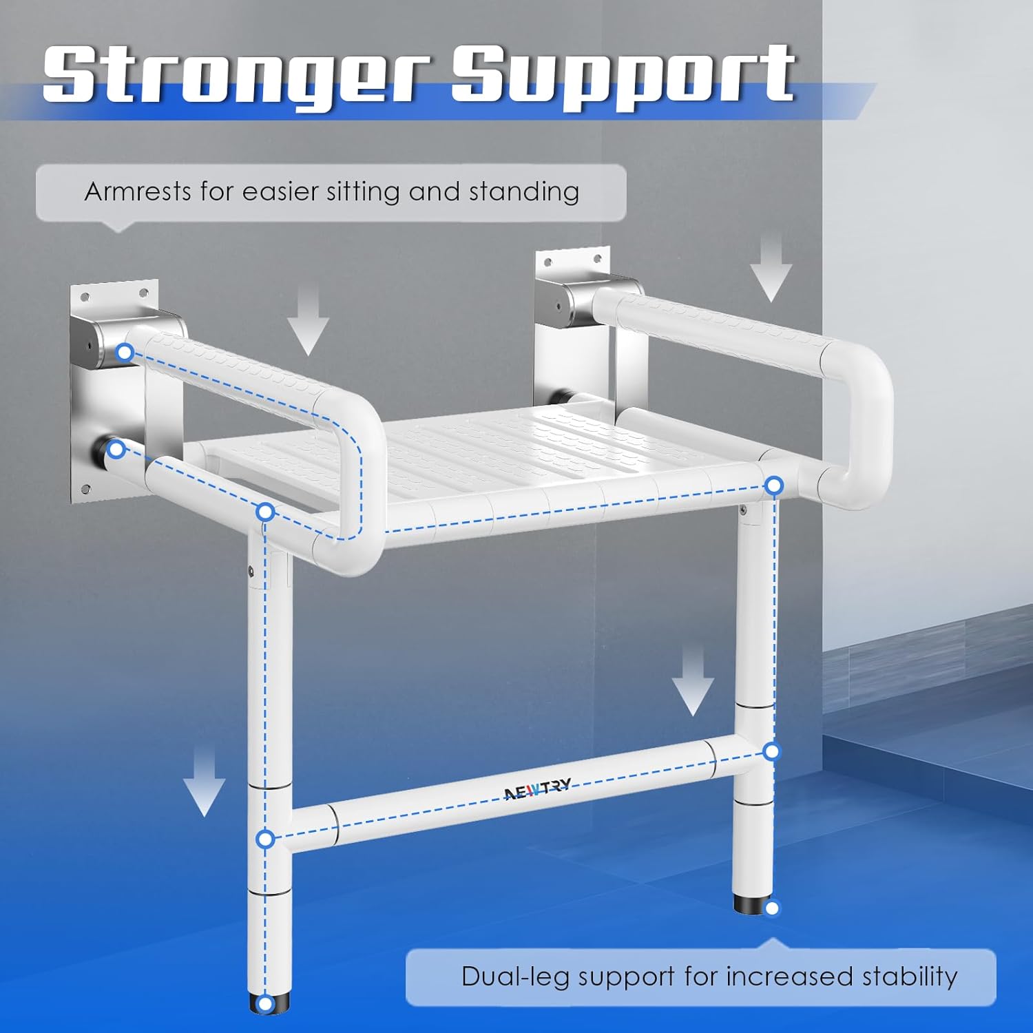 NEWTRY 21" Foldable Wall Mounted Shower Seat Chair 660 lbs White Heavy Duty