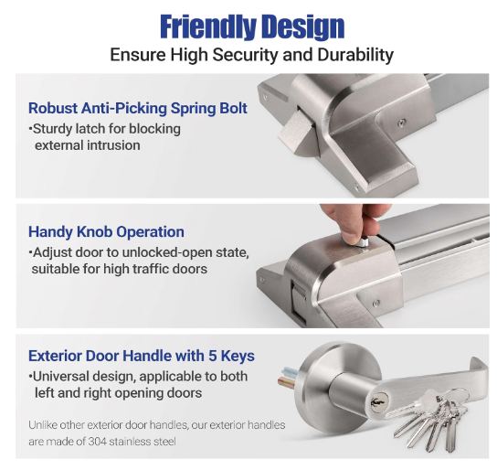 Hawaminent 304 Stainless Steel Panic Bar Exit Device 26-41" Door w/ Lever