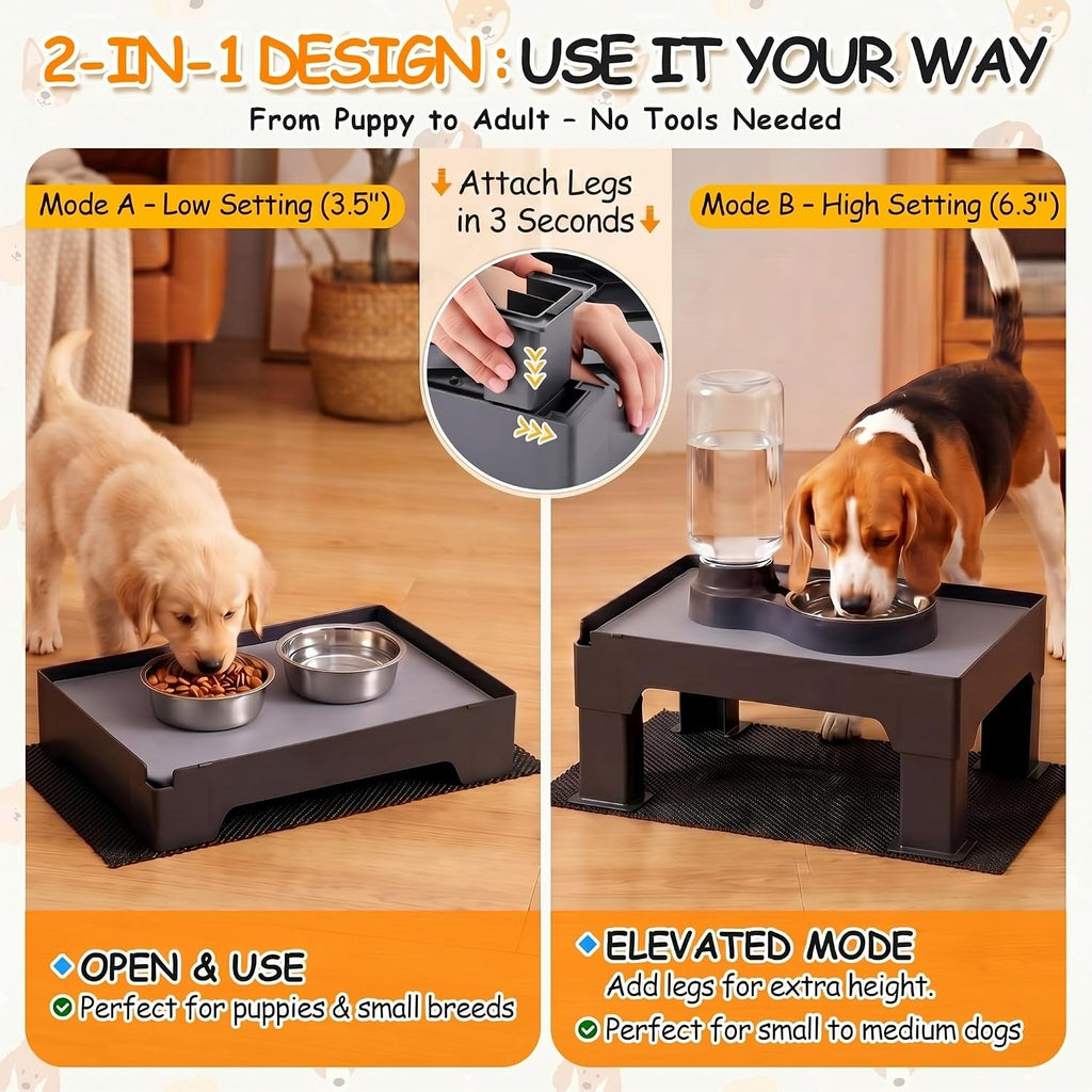 Dreyoo Adjustable Elevated Dog Bowl Stand Gray Waterproof Food Mat 2 Heights