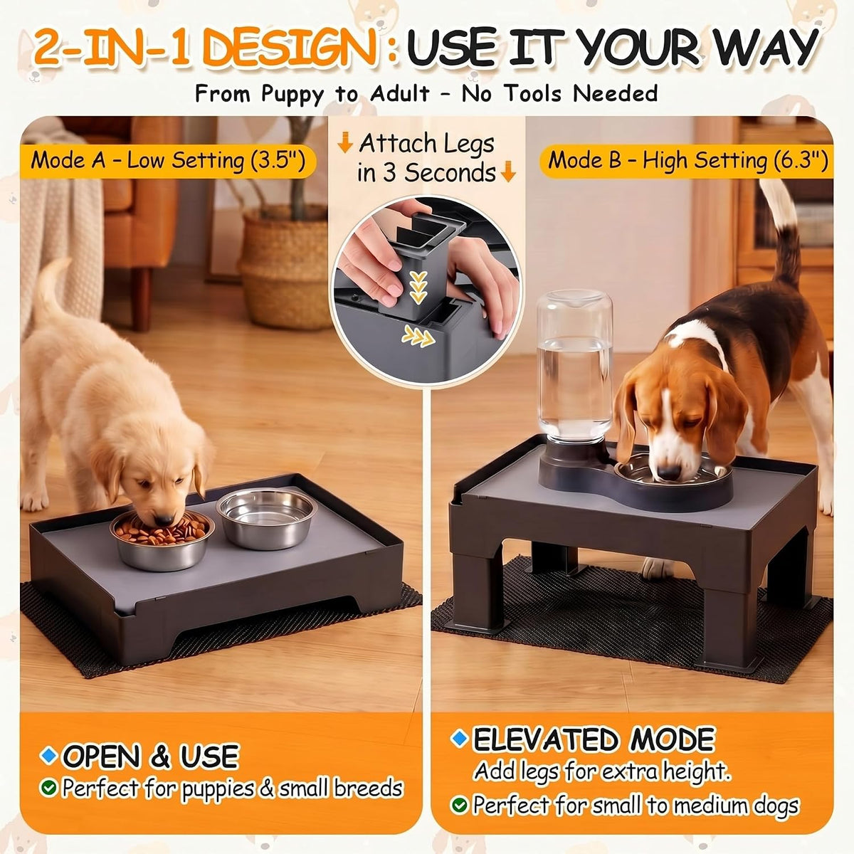Dreyoo Adjustable Elevated Dog Bowl Stand Gray Waterproof Food Mat 2 Heights