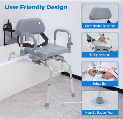 PIDOSO Sliding Shower Chair 360° Swivel Tub Transfer Bench Gray 240 lb