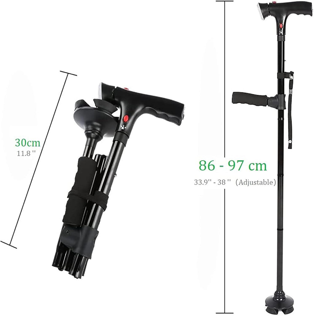 TIRAROME 3-in-1 Folding Walking Cane with SOS Alarm, LED Light & Second Handle, Adjustable 34–38 in – Black
