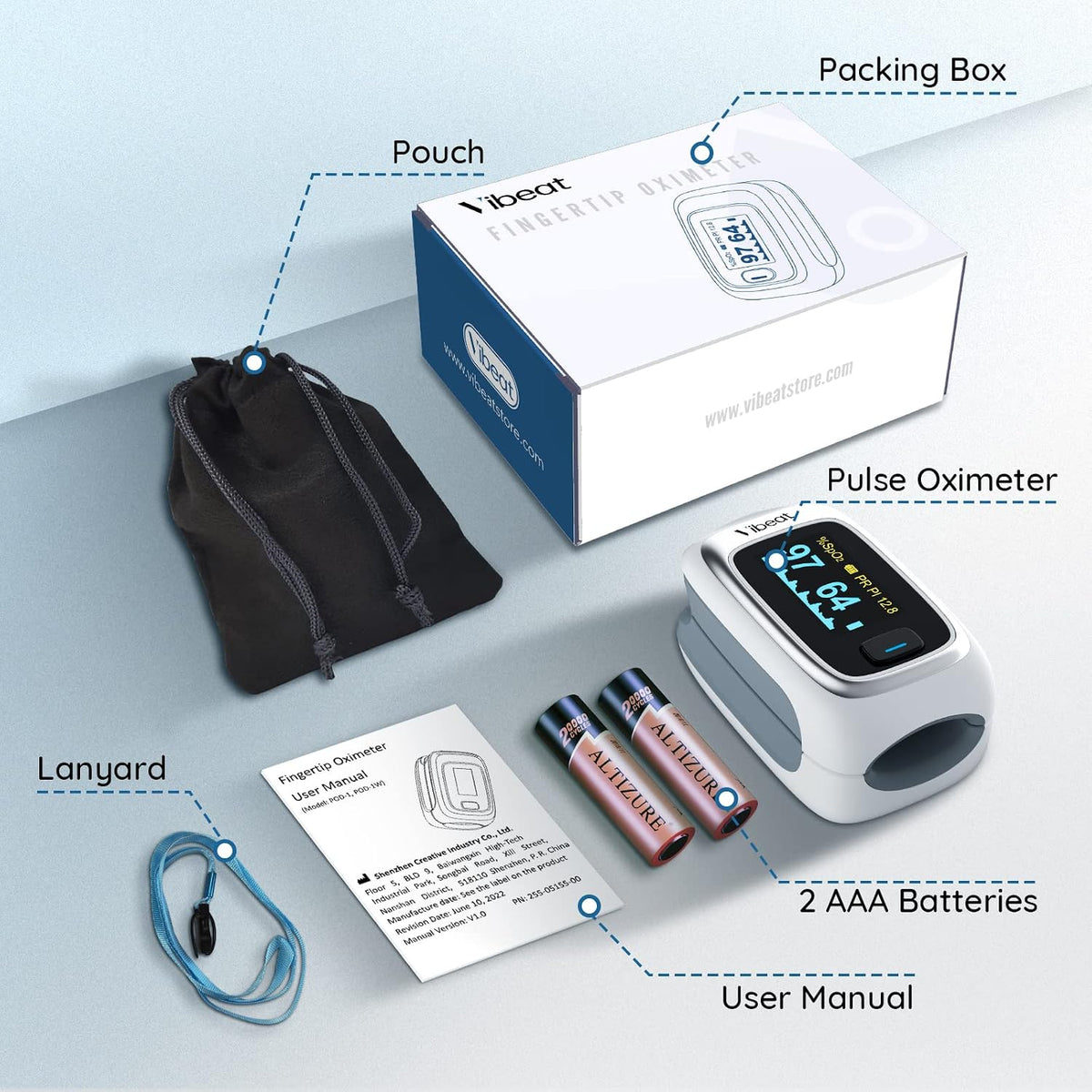 Vibeat Bluetooth Fingertip Pulse Oximeter Blood Oxygen SpO2 & Pulse Rate Monitor with Free App