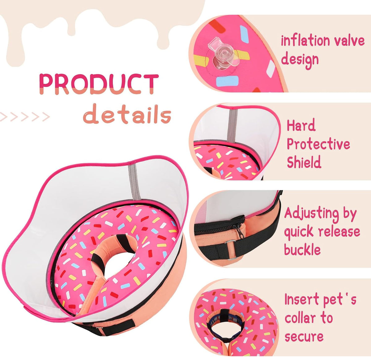 Supet Inflatable Dog Cone Pink Recovery Collar Small Medium Large XL XXL