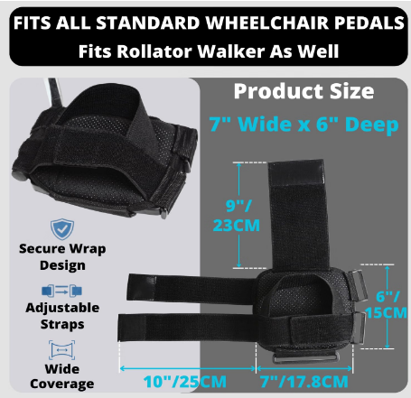 Caredgitz Wheelchair Footrest Straps Non-Slip Foot Pedal Cushion Pads Black
