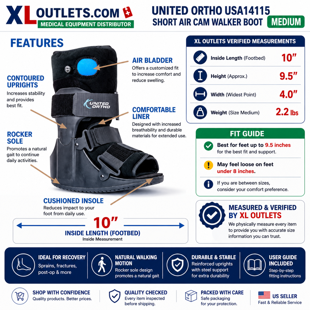 United Ortho USA14115 Short Air Cam Walker Boot Medium Black Walking Fracture Brace