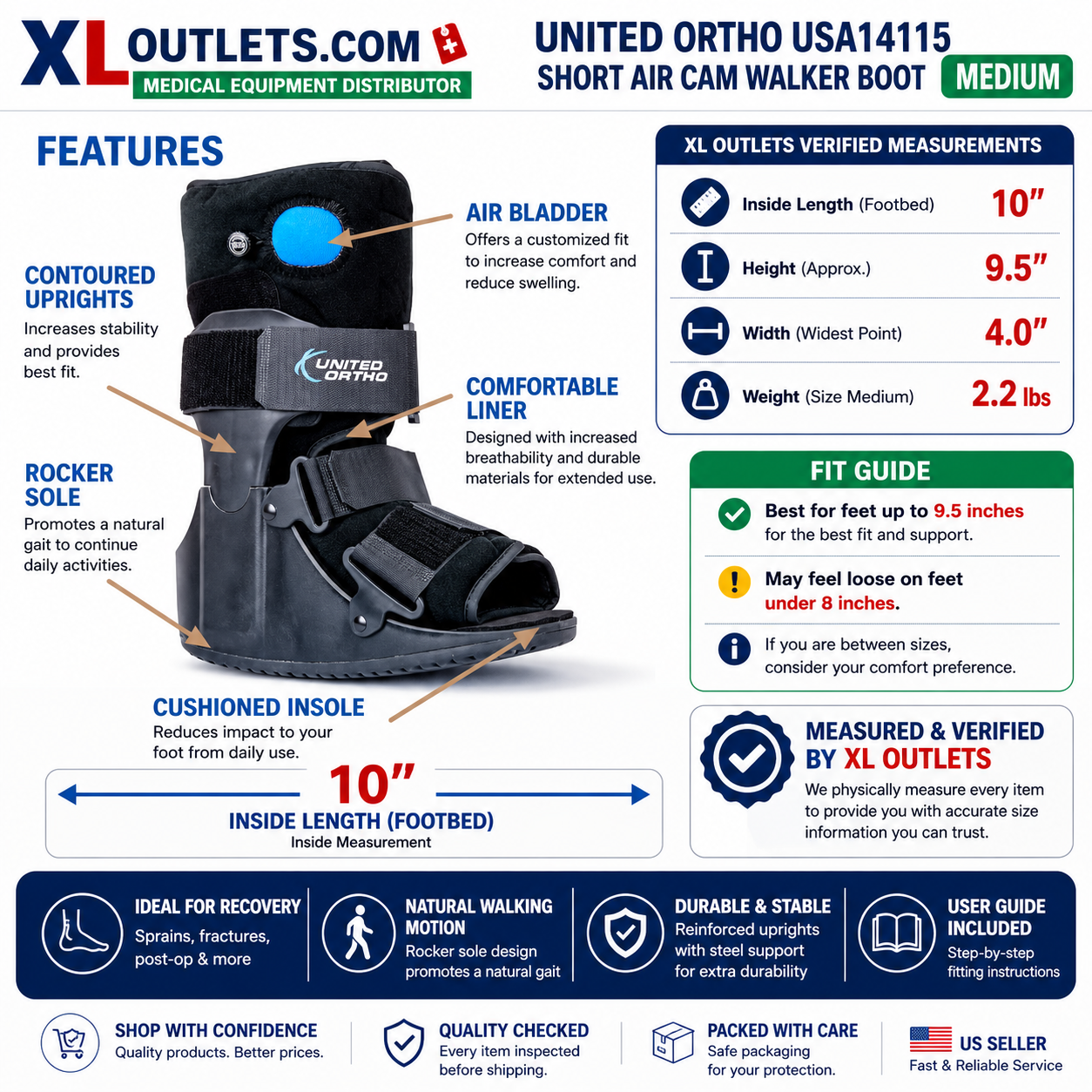 United Ortho USA14115 Short Air Cam Walker Boot Medium Black Walking Fracture Brace