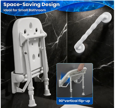 Caredear Wall Mounted Folding Shower Seat w/ Grab Bar 550lb Adjustable White