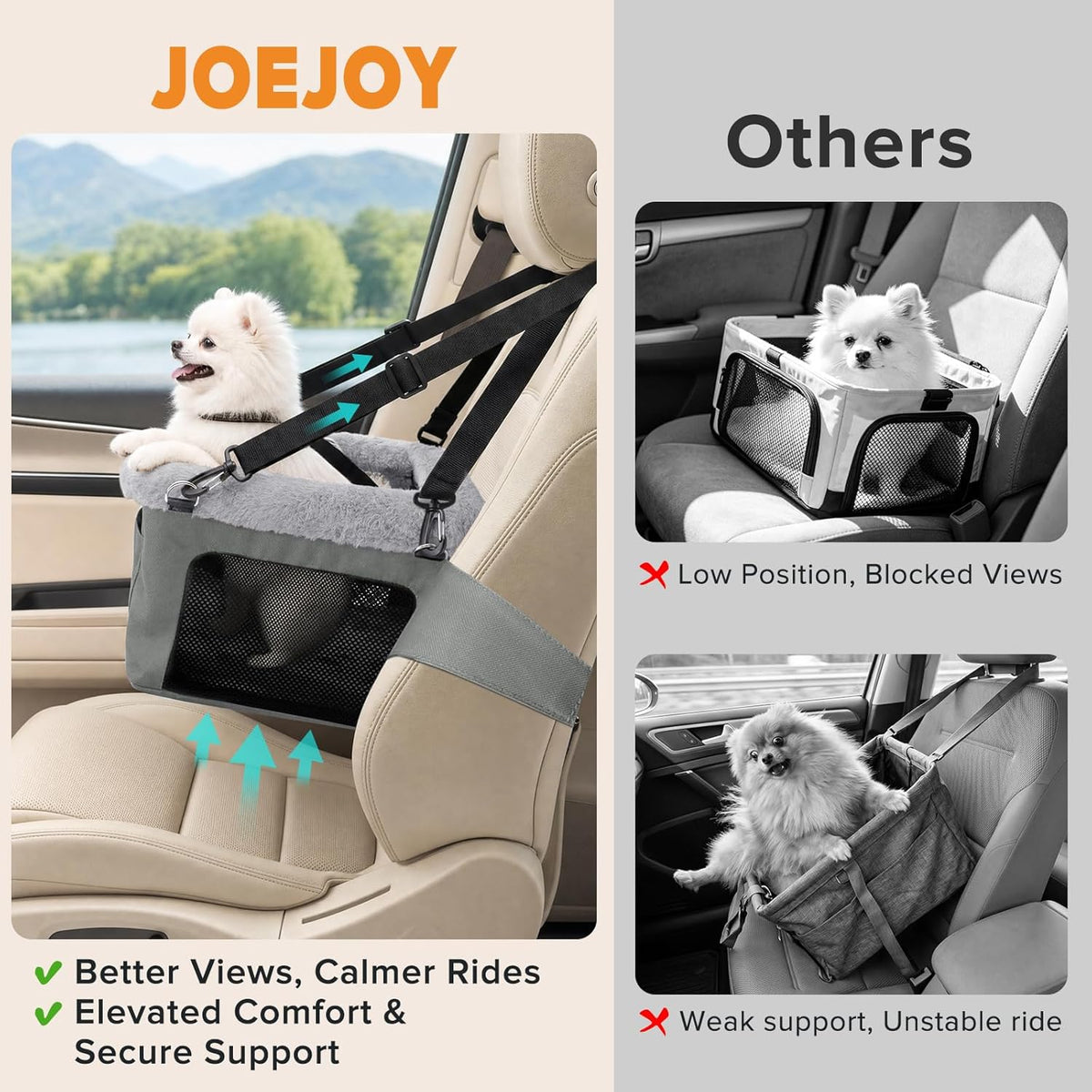 JOEJOY Dog Car Booster Seat Small Dogs up to 20 lbs Pet Travel Carrier Grey