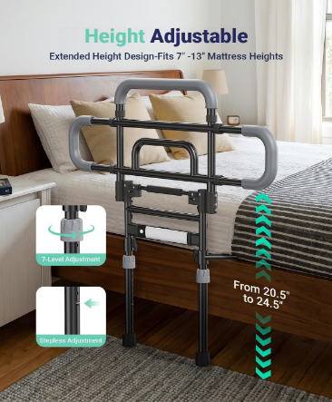 Barleyear Foldable Bed Rail Elderly 350 lb Adjustable LED Light Black