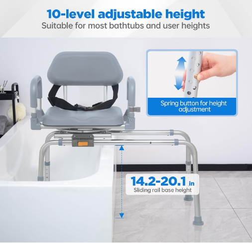 PIDOSO Sliding Shower Chair 360° Swivel Tub Transfer Bench Gray 240 lb
