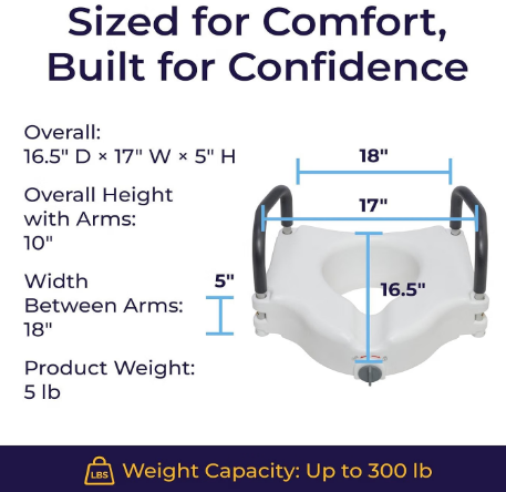 Drive Medical 2-in-1 Locking Raised Toilet Seat with Removable Arms – 5" Height