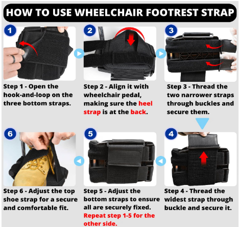 Caredgitz Wheelchair Footrest Straps Non-Slip Foot Pedal Cushion Pads Black