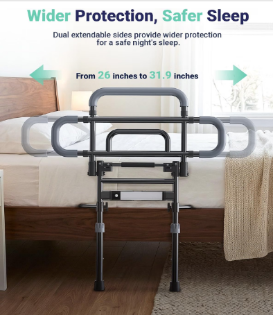 Barleyear Foldable Bed Rail Elderly 350 lb Adjustable LED Light Black