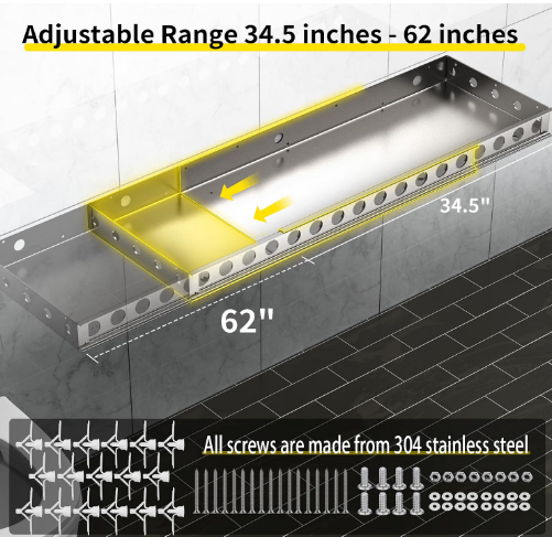 Wangzozo Floating Shower Bench 34.5-62" Adjustable Wall Mounted Seat Silver