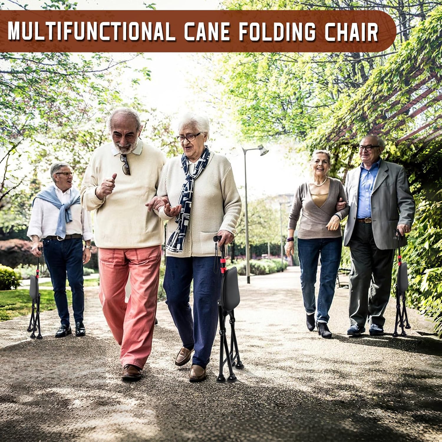 HZZEDNG Folding Cane with Seat 4-Leg Walking Stick Chair Adjustable 400lb Black M