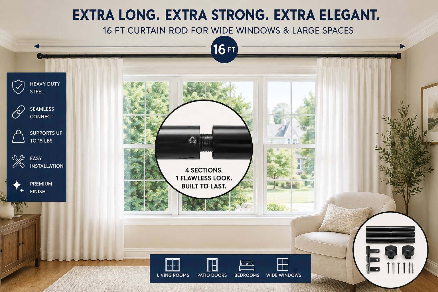BLASTHOME 16 ft Luxury Fixed Curtain Rod 1-1/4" Heavy Duty Black Wall Mount