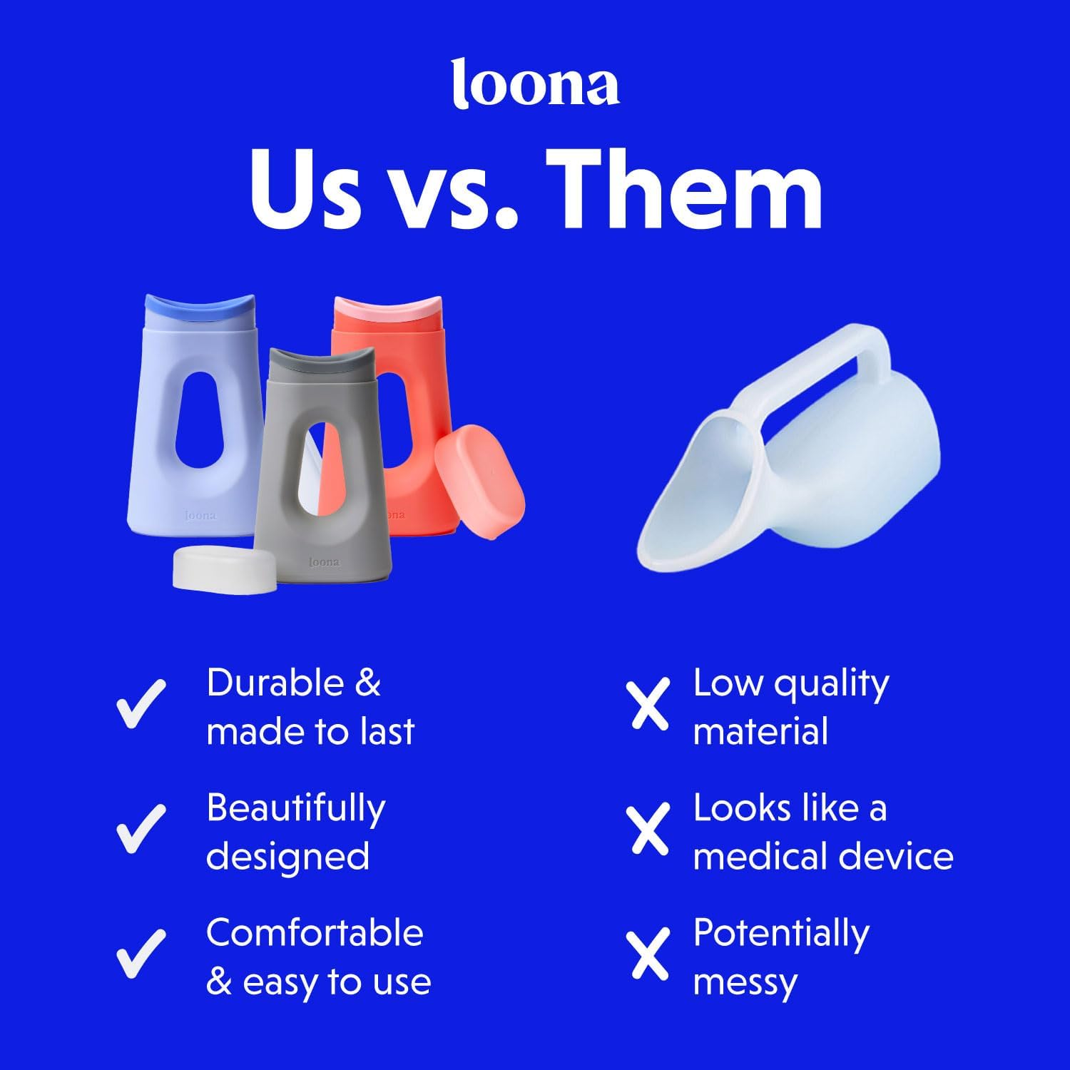 Loona Premium Female Urinal Quiet No Splash Travel Bedside Outdoor Blue HSA FSA
