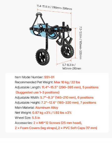 VEVOR Dog Wheelchair for Back Legs – X-Small – Adjustable 2-Wheel Pet Mobility Cart – Up to 22 lbs