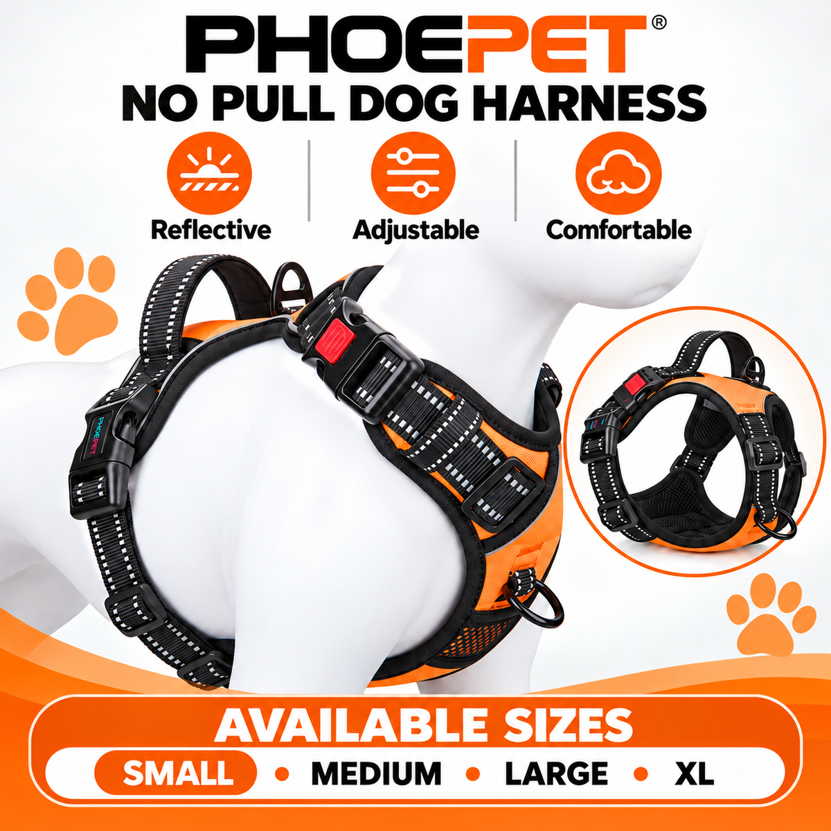 PHOEPET No Pull Dog Harness Orange Reflective Adjustable Comfortable S – M – L - XL